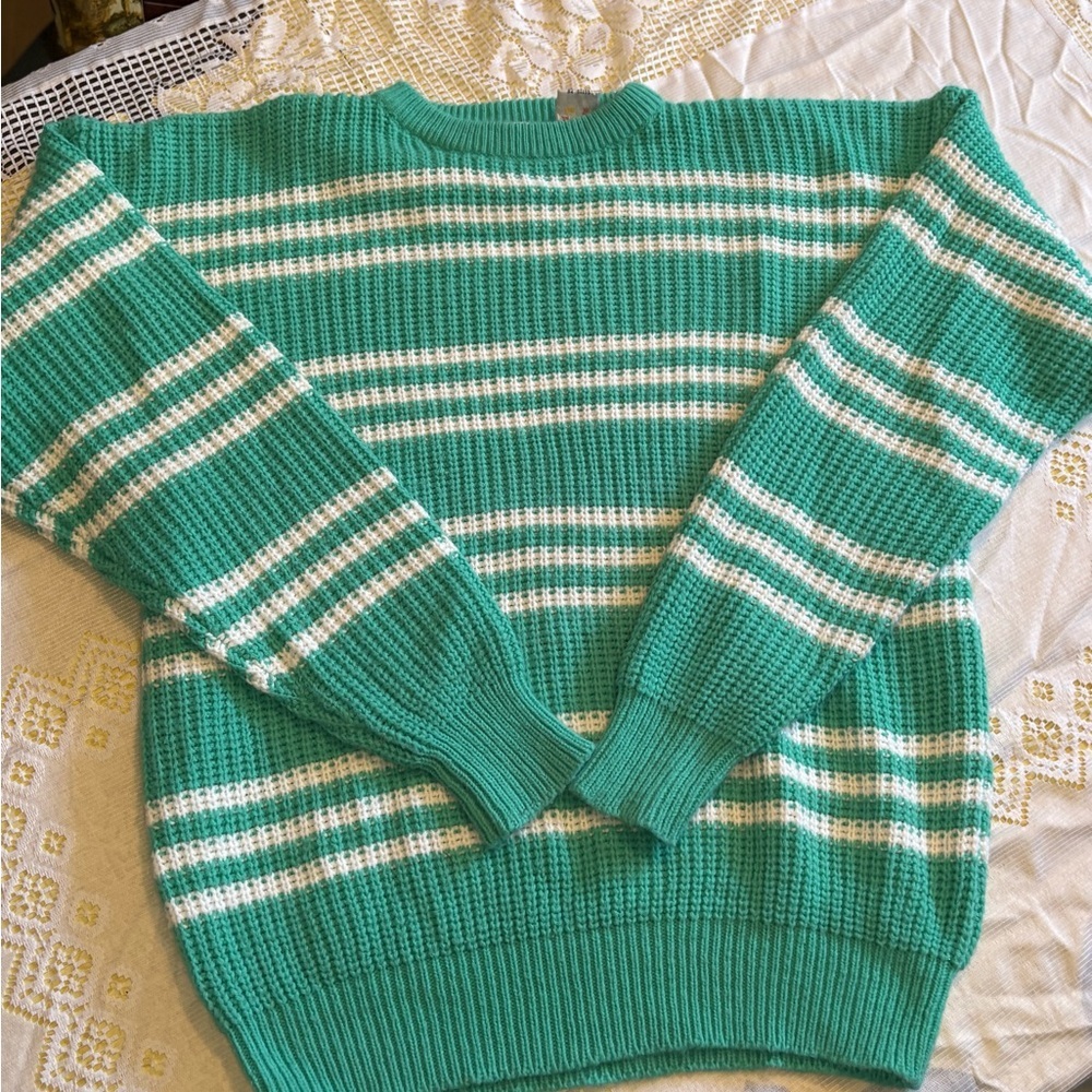 Vintage Green & White Striped Knit Sweater